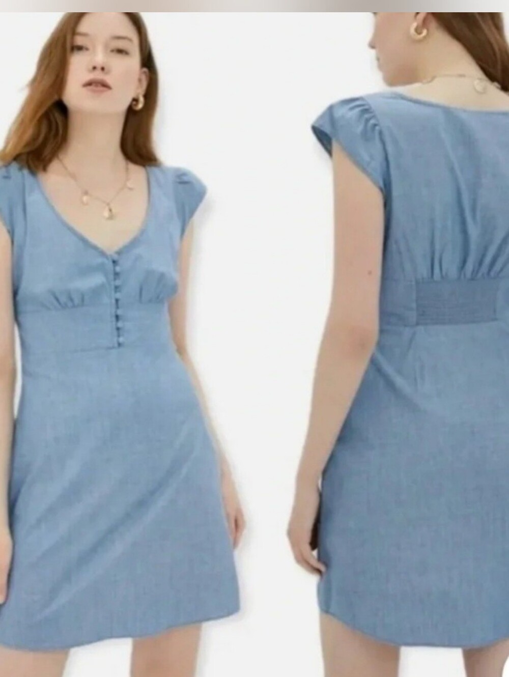 Banana Republic Chambray V-Neck Cap Sleeve Mini Dress in Light Blue